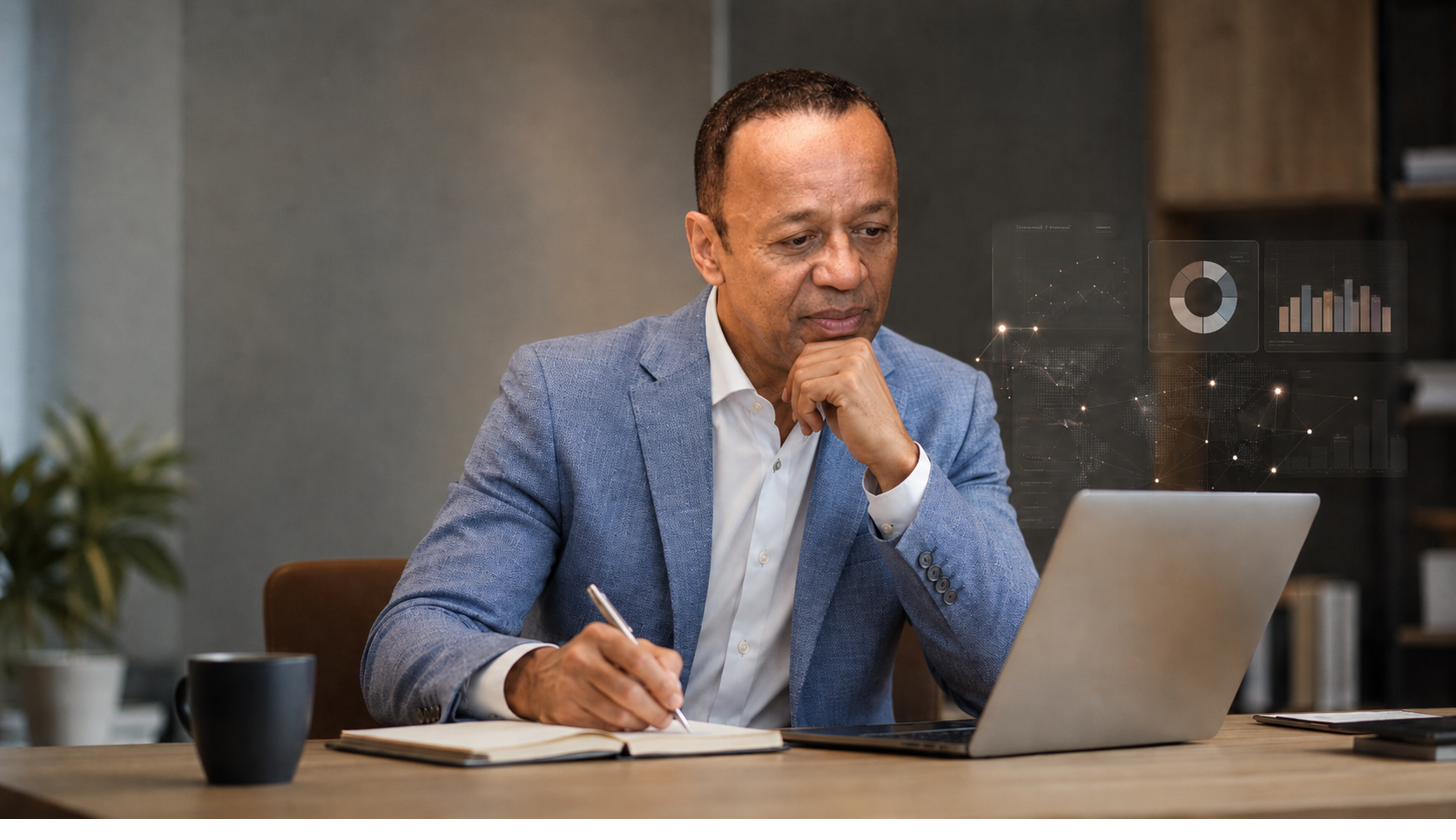 Fred Gladney working at a desk with AI data visualizations overlaid, representing AI-amplified leadership