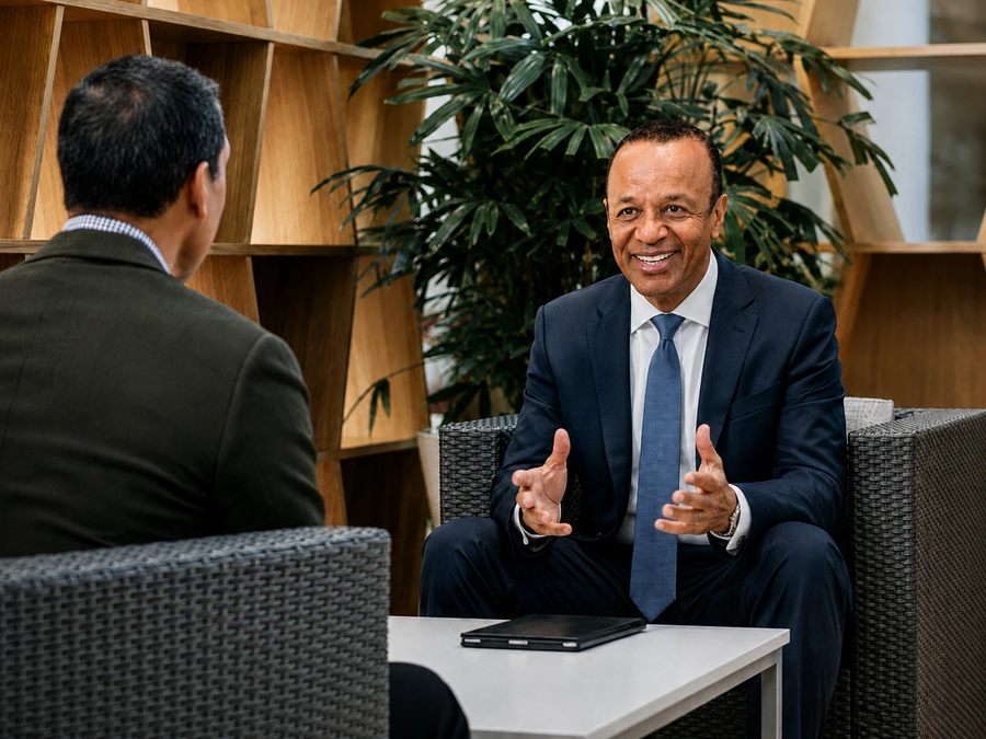 Fred Gladney smiling in conversation during a meeting